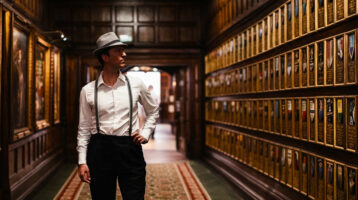 Un comédien attend les personnages dans un salon