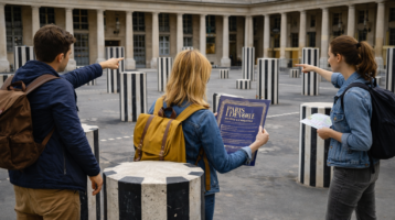 joueurs ressoudent une énigmes entre les colonnes de Buren