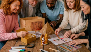 Cinq participants manipulent des accessoires sur le thème de l'Egypte au cours d'un Escape Game